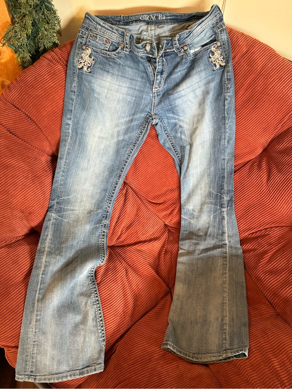 Grace in LA Light Blue Embroidered Flare Jeans